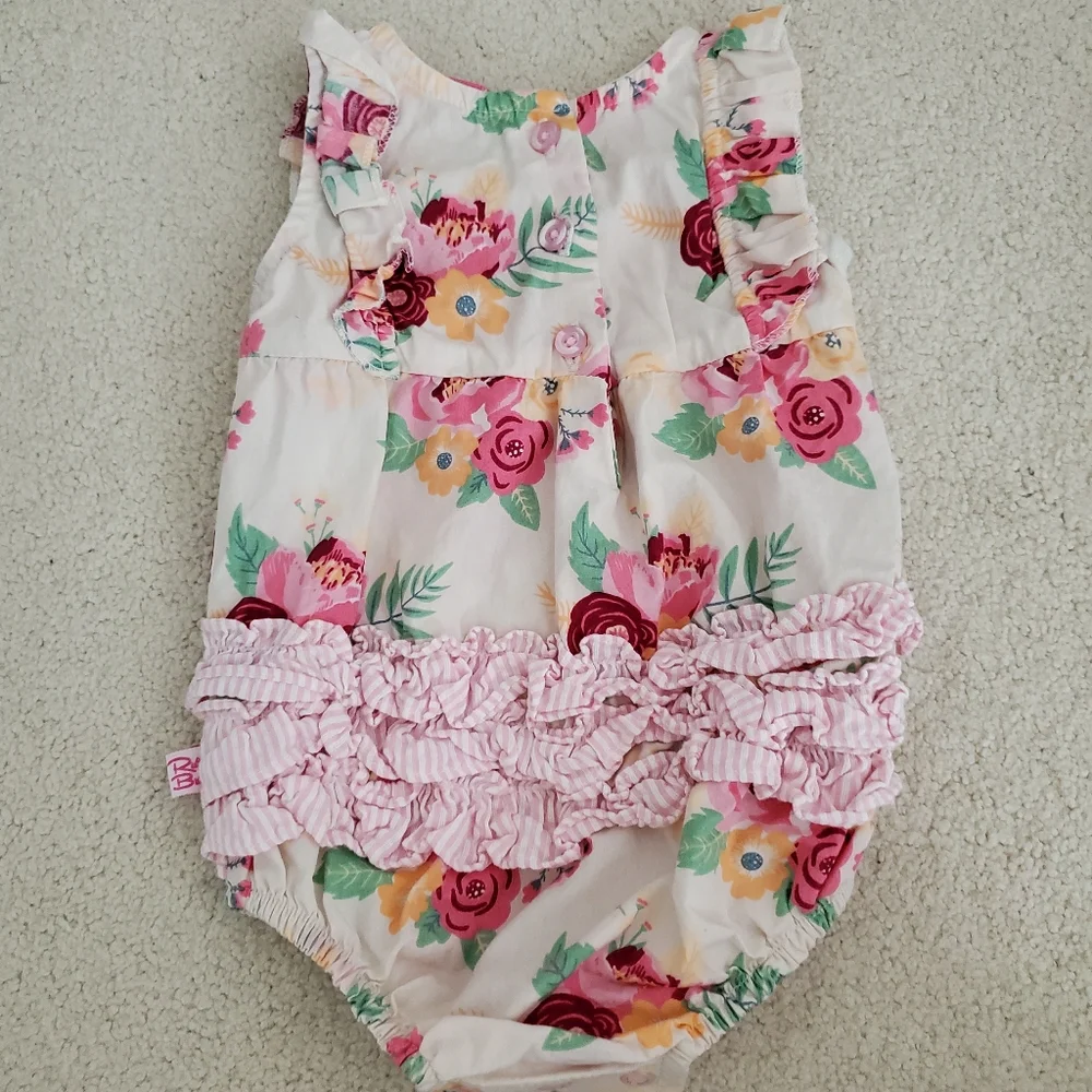 Ruffle Butts Baby Girl Pink Floral Romper Bubble with Ruffles sz3-6m